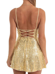 Sequin Backless Tie Up Mini Dress