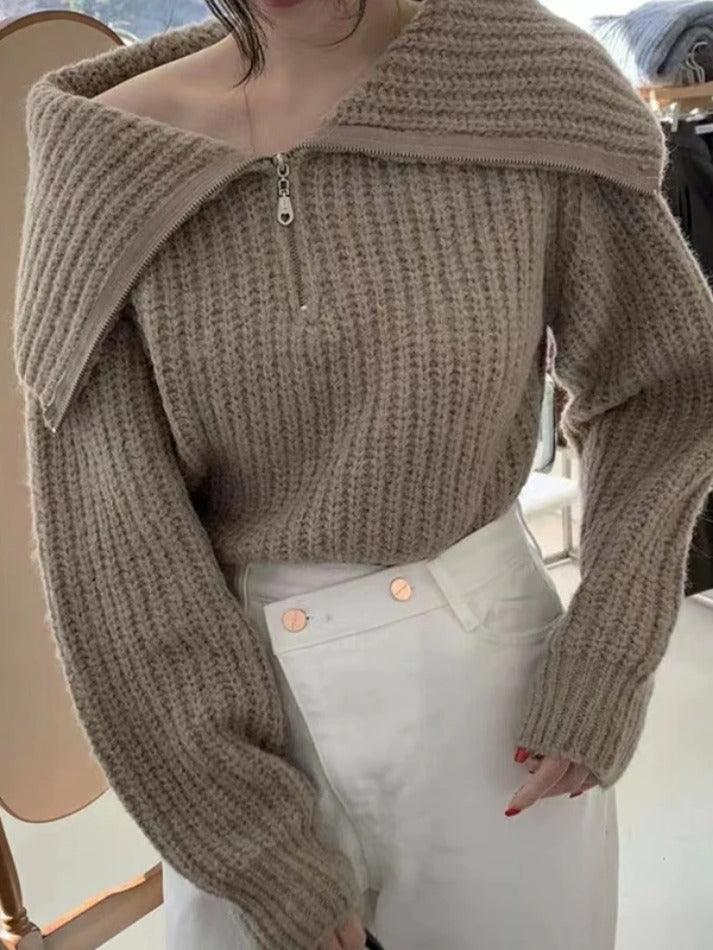 Solid Big Lapel Neck Half Zip Sweater