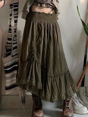 Smocked Ruched Asymmetric Hem High Waist Maxi Skirt