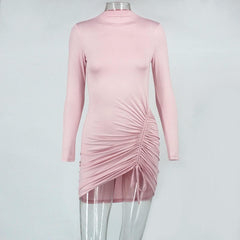 pink round neck long sleeve slim dress