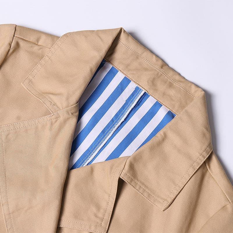 Striped stitching khaki belted waist long trench coat