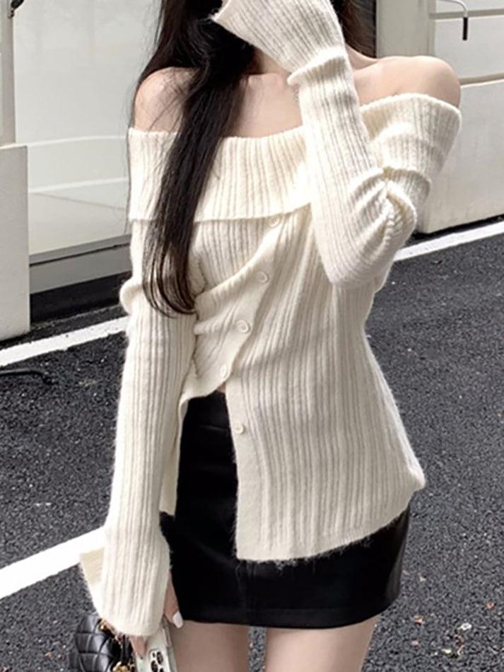 Long Sleeve Off-Shoulder Ribbed-Knit Sweater