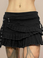 Tiered Pleated Denim Mini Skirt