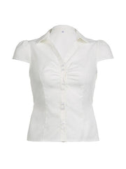 Short Sleeve V-Neck Plain Ruched Shirt