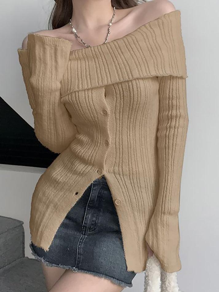 Long Sleeve Off-Shoulder Ribbed-Knit Sweater