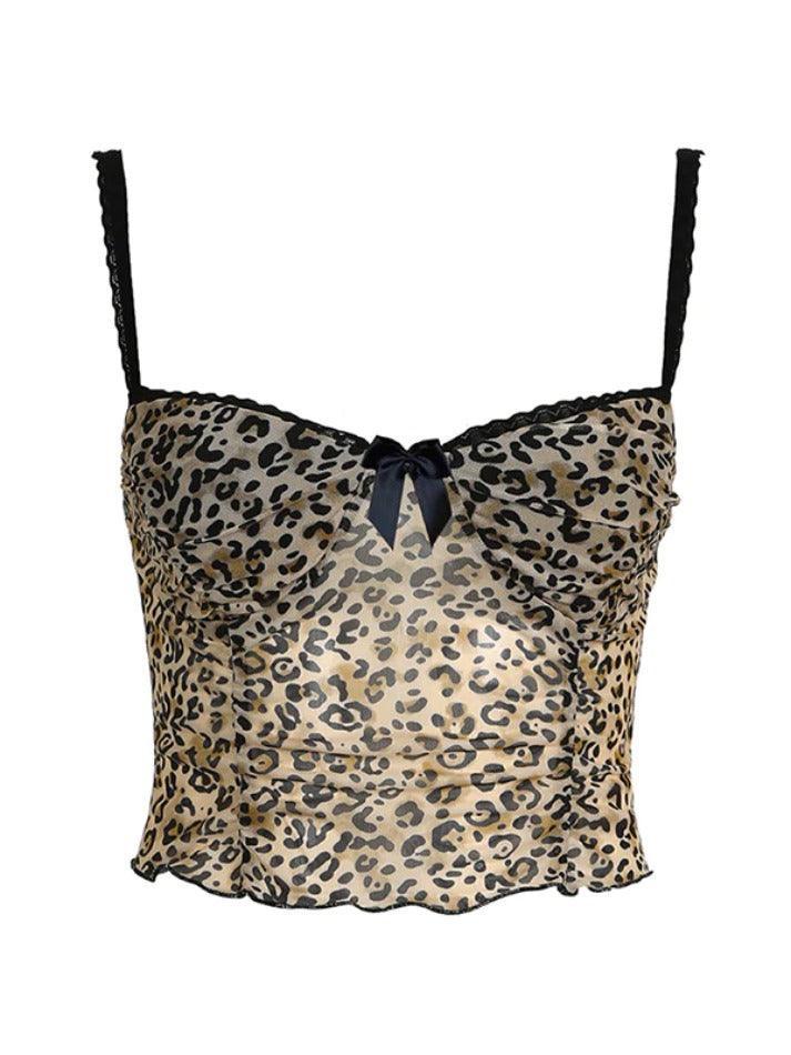 Leopard Print Bow Lace Splice Cami Top