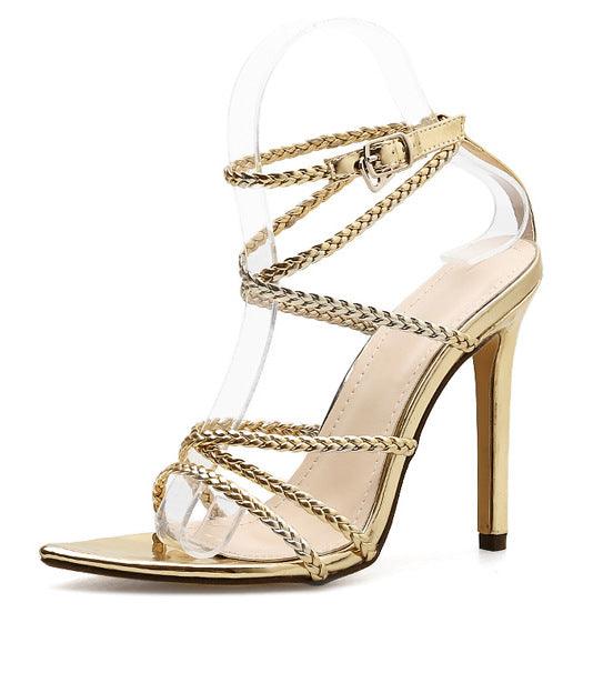 Gold heel braided sandals