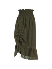 Smocked Ruched Asymmetric Hem High Waist Maxi Skirt