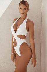 white Hollow Cross One-Piece Swimsuit