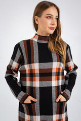 Long Sleeve Turtleneck Plaid Pullover Sweater Dress