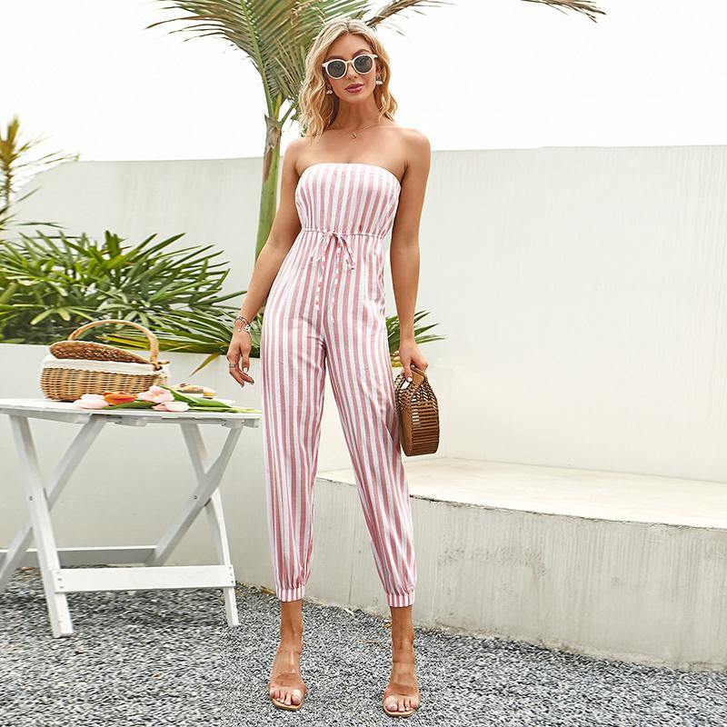 Tie Waist Striped Tube Cropped Jumpsuit