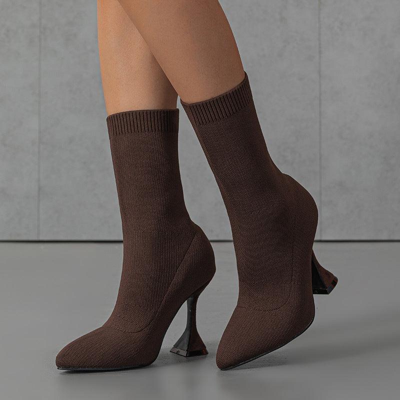 knitted pointed toe mid-tube ankle boots