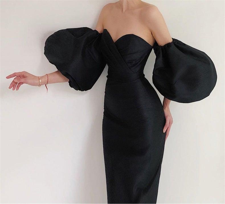 Shoulder-wrapped chest puff sleeve dress