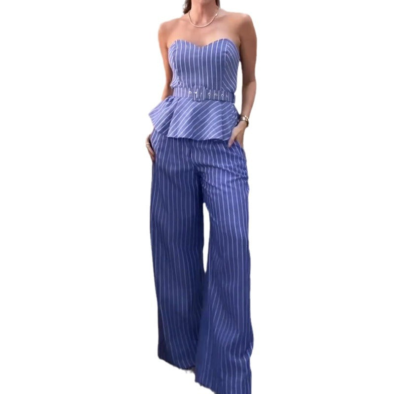 Striped printed tube top and casual pants suit