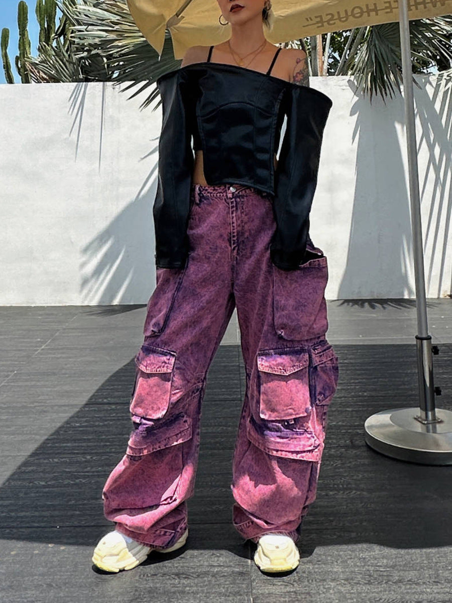 Wide-leg purple cargo pants