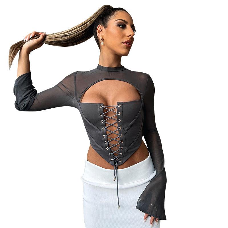 Round Neck Long Sleeve Backless Strappy Mesh Bodycon Top
