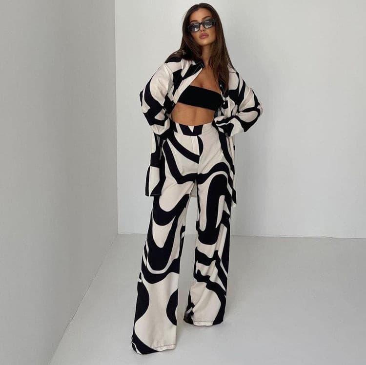 Two Piece Printed Wide Leg Pants and shirt