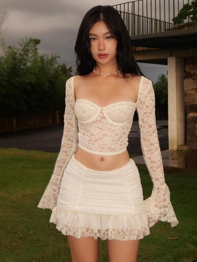 lace crop top gathered skirt two-piece set