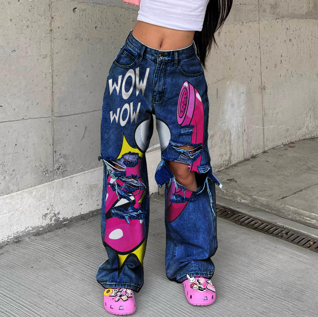 Wide leg jeans with raw edges and holes