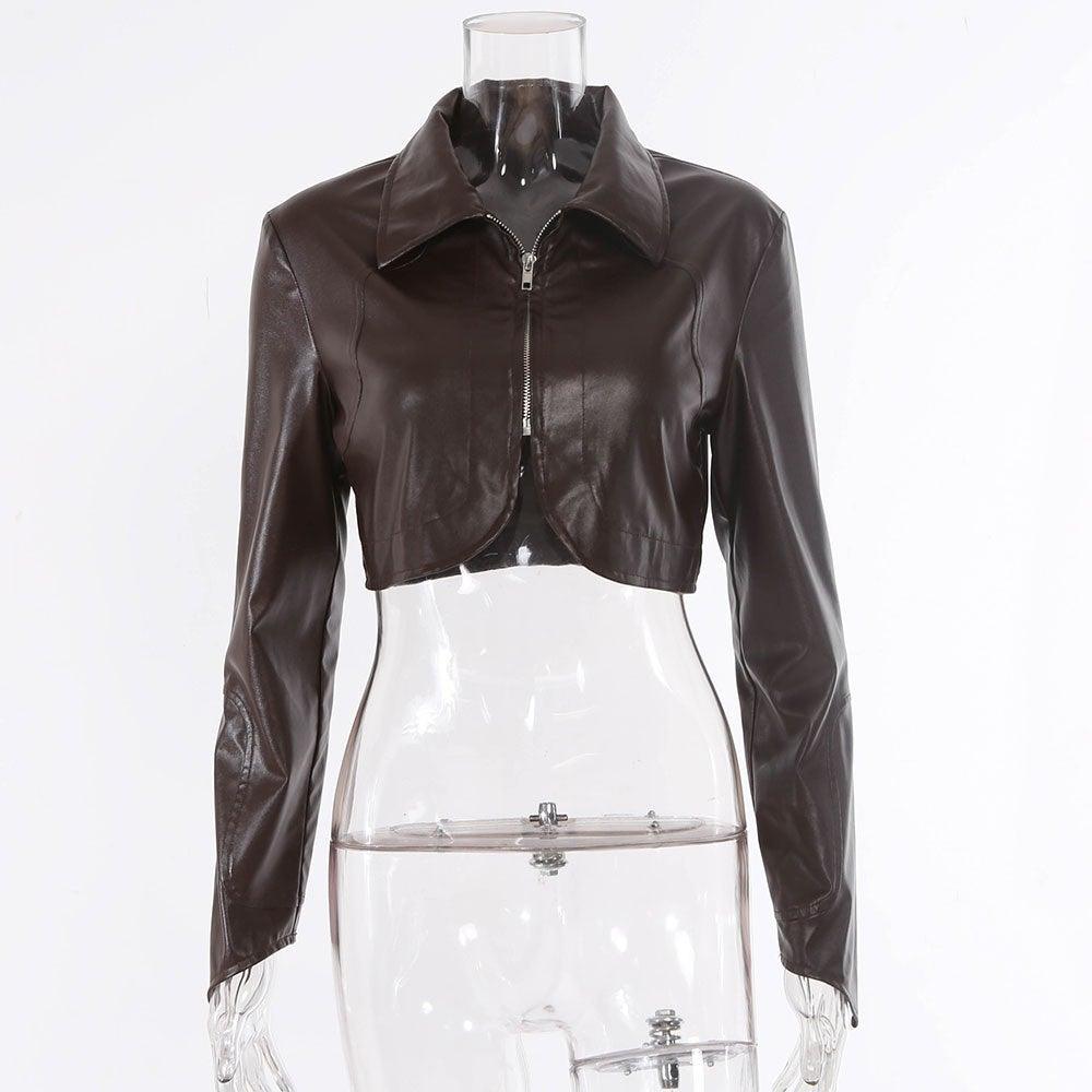 Style PU leather windbreaker lapel short dress & jacket