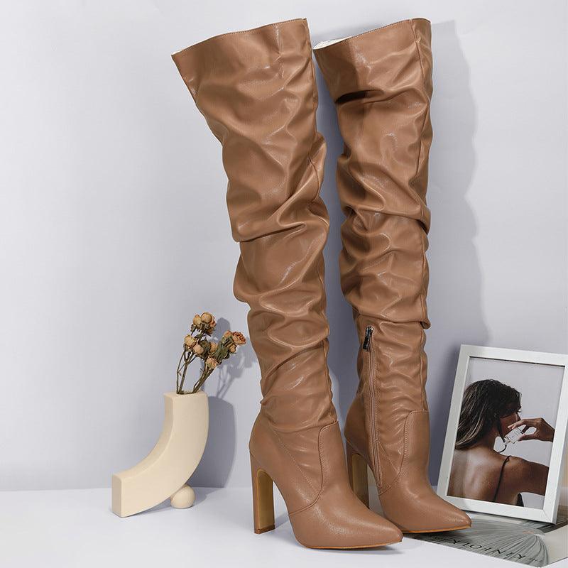 pointy toe thick high heel over the knee boots