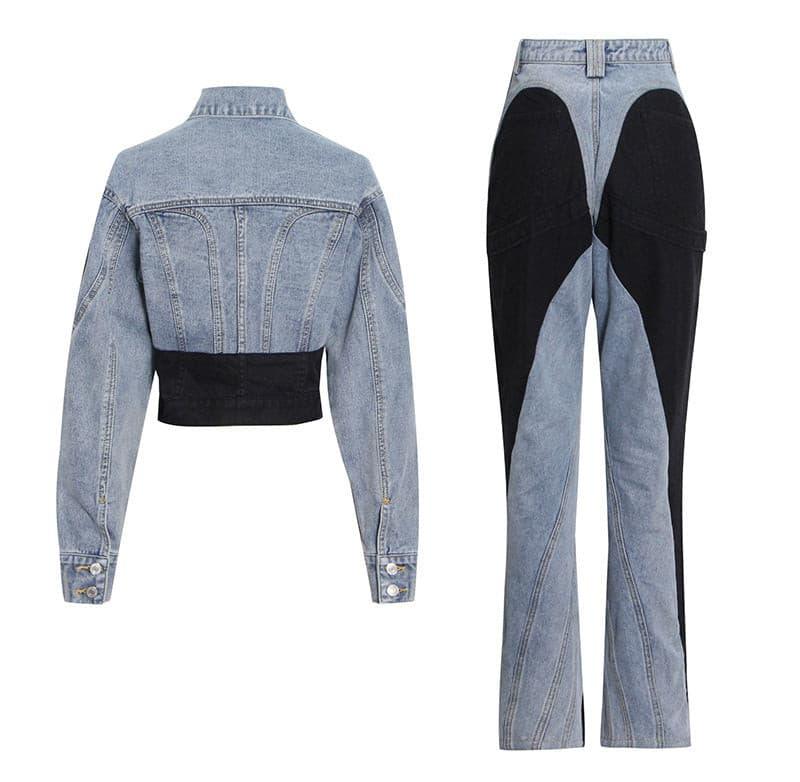 Two-piece set black and white stitching denim jacket + Pants