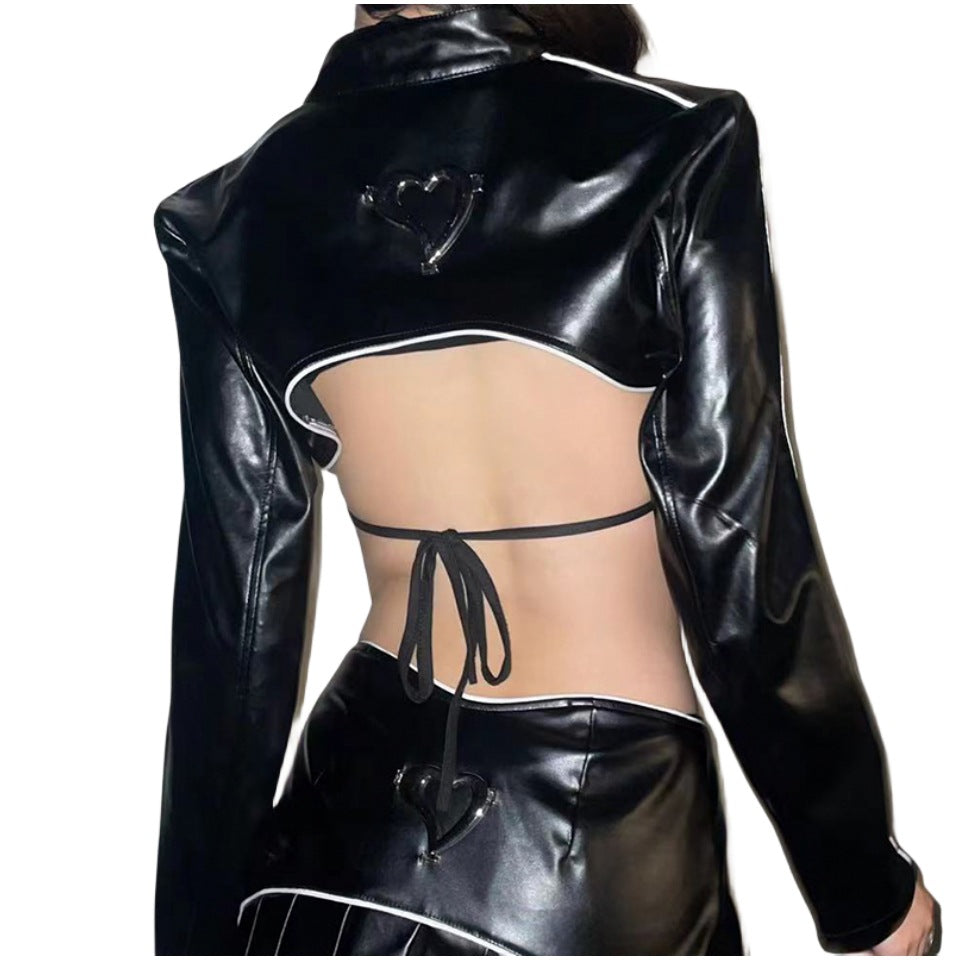 Wrap edge leather short jacket