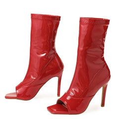 Open toe stiletto leather red  boots heels