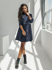 Straps button roll sleeve casual dress