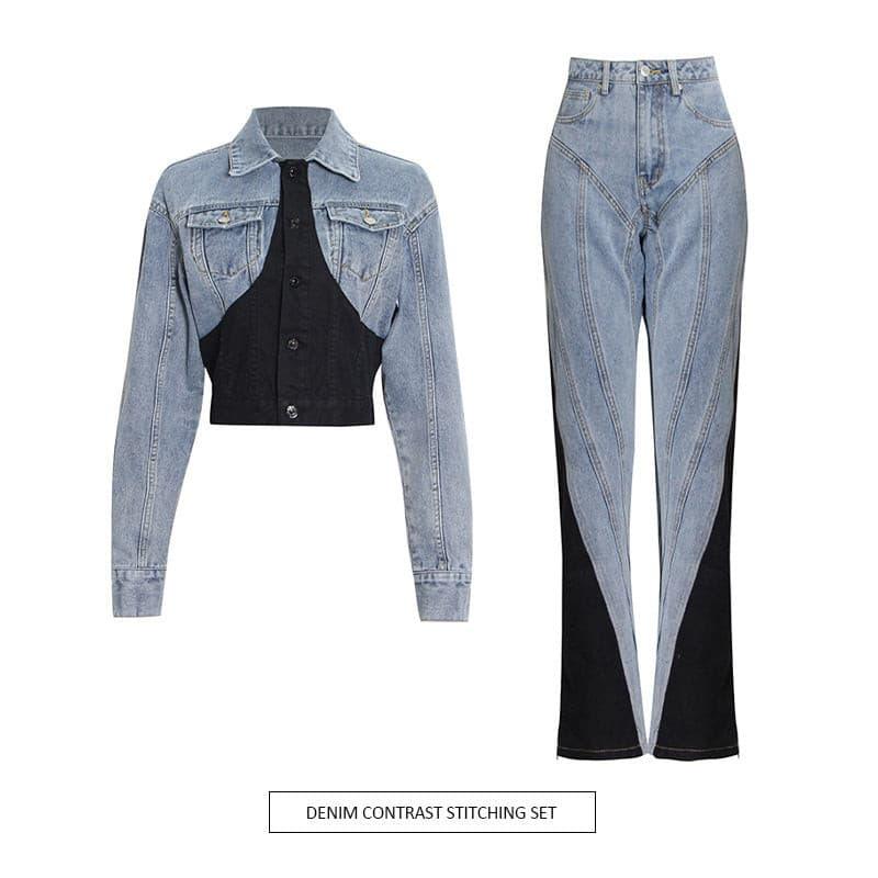 Two-piece set black and white stitching denim jacket + Pants