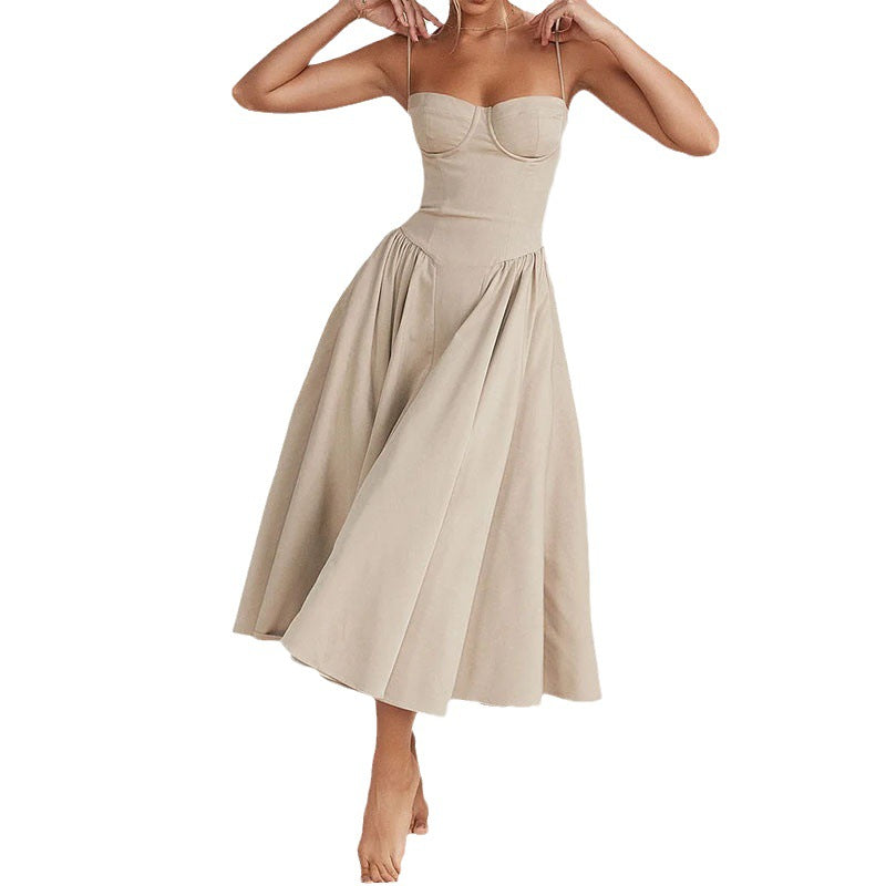 Slim backless pleated mid-length dress