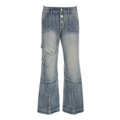 Washed Gradient Pocket Splicing Straight Jeans