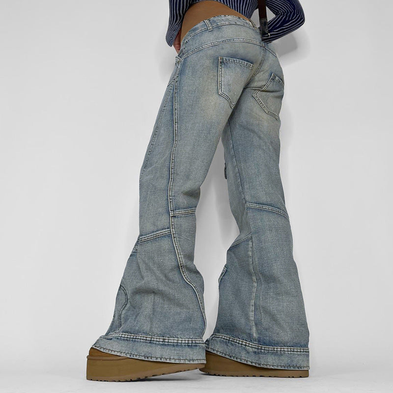 Washed Gradient Pocket Splicing Straight Jeans