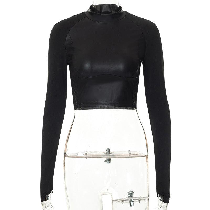 Long-sleeved splicing short PU leather top