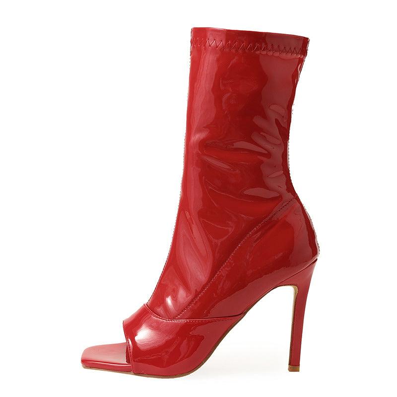 Open toe stiletto leather red  boots heels