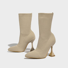 knitted pointed toe mid-tube ankle boots