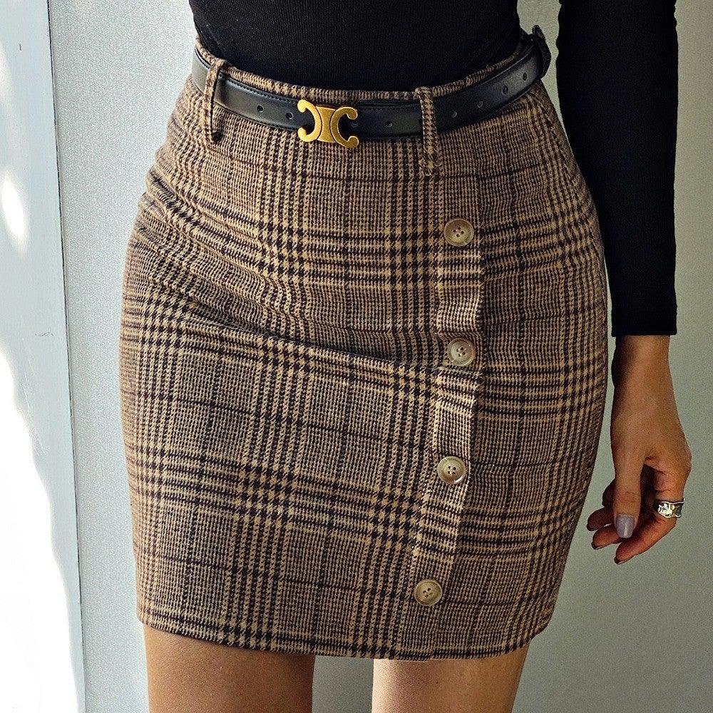 Woolen houndstooth high waist slim skirt