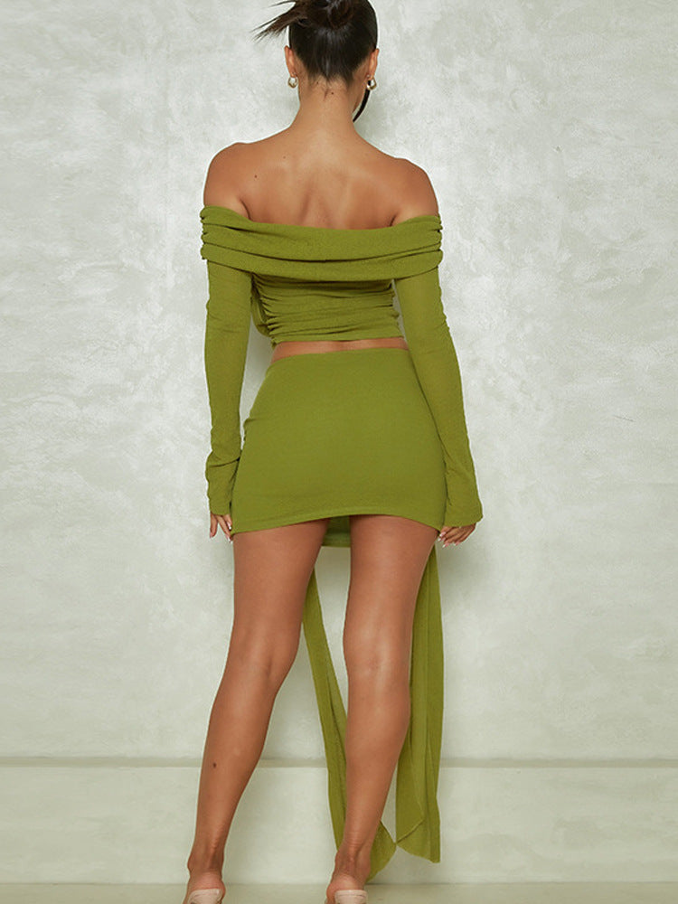 Pleated off shoulder short skirt two-piece suit