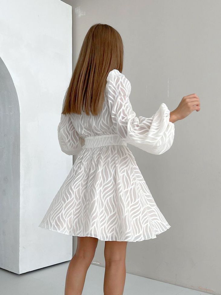 White Hollow Jacquard Lantern Sleeve Dress