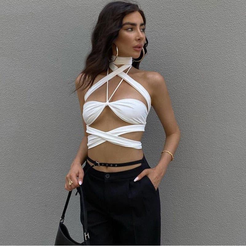 Halter neck tube top with hollow out navel straps