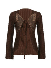 Retro Brown Textured Butterfly Print Lacing Long Sleeve Blouse