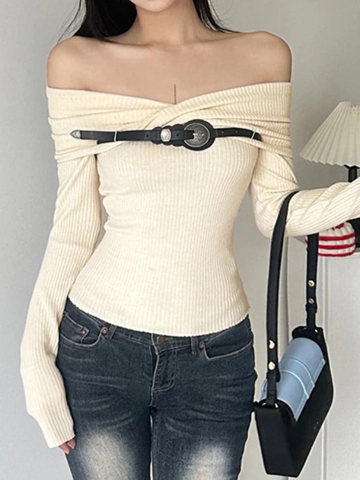 Crossover Off Shoulder Belted Long Sleeve Knit