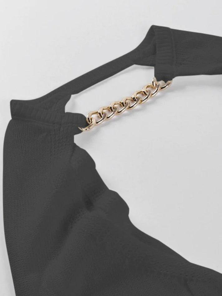 Metallic Chain Embellished Shrug Crop Sweater