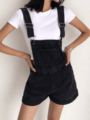 Cuffed High Waist Denim Overall Shorts