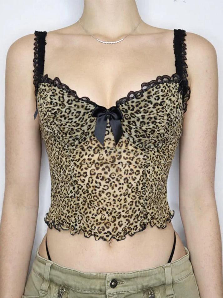 Leopard Print Bow Lace Splice Cami Top