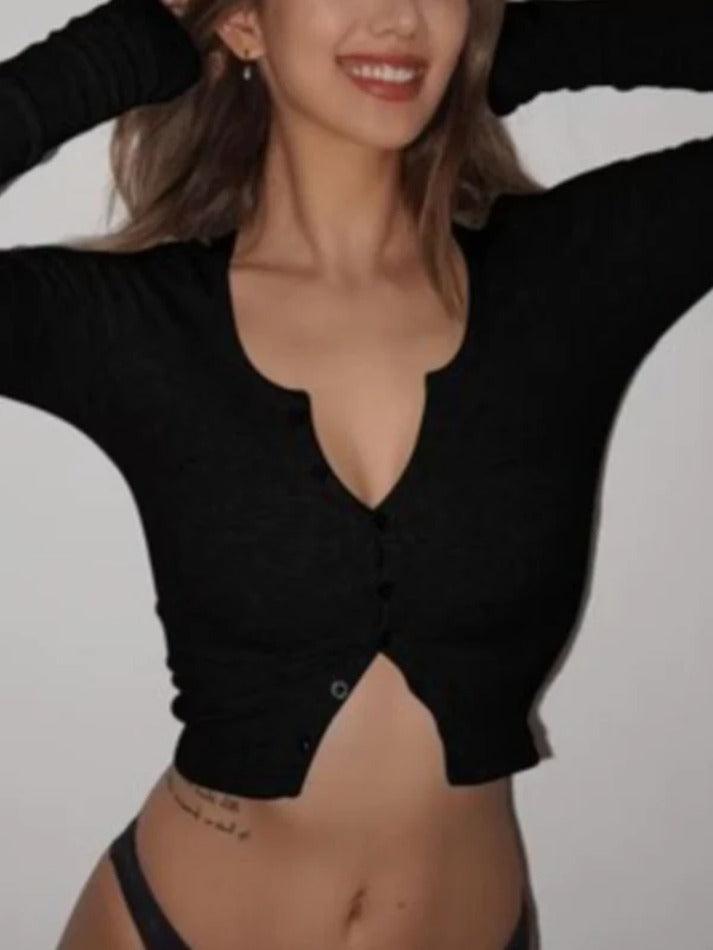 Solid Color Breasted Crop Long Sleeve Shirt
