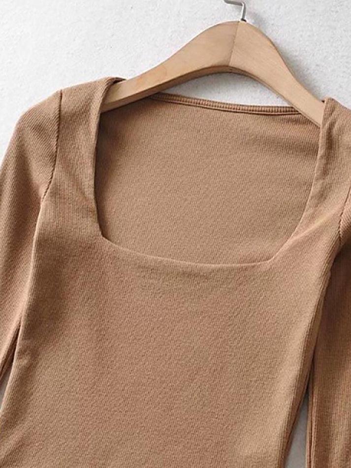 Long-Sleeve Square Neck Plain Cropped T-Shirt