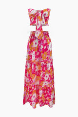 Floral Print Knot Tube Top And Frill Maxi Skirt Set