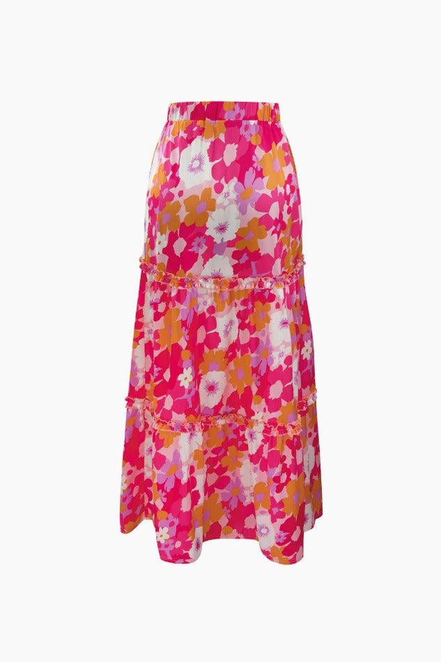 Floral Print Knot Tube Top And Frill Maxi Skirt Set