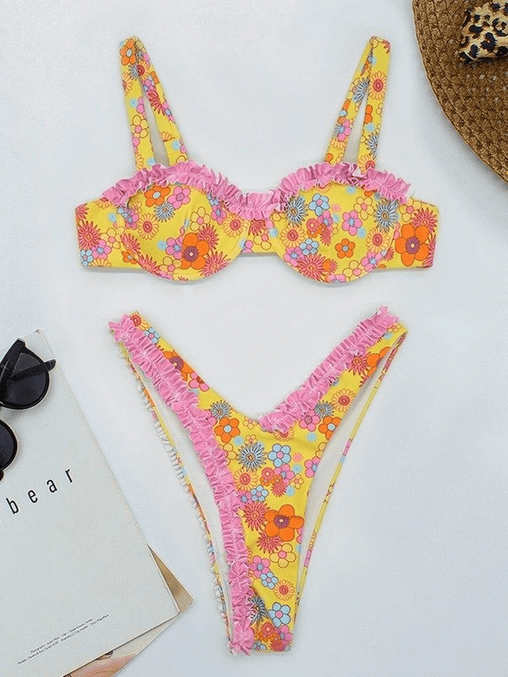 Frill Trim Underwire Floral Bikini Set